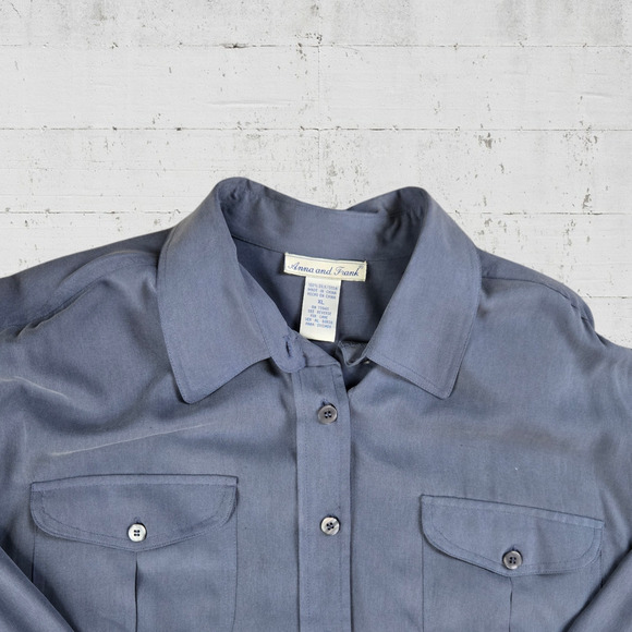 90s Vintage Slate Blue Silk Soft Button Up Classic Relaxed Fit Blouse Size XL - Picture 2 of 6